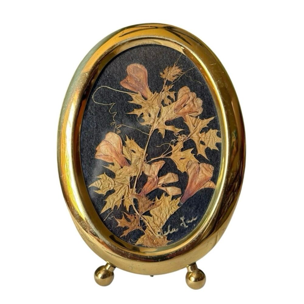 Signed Dried Flower Art – Oval Gold Frame – 5.5” x 4” – Vintage Botanical Decor